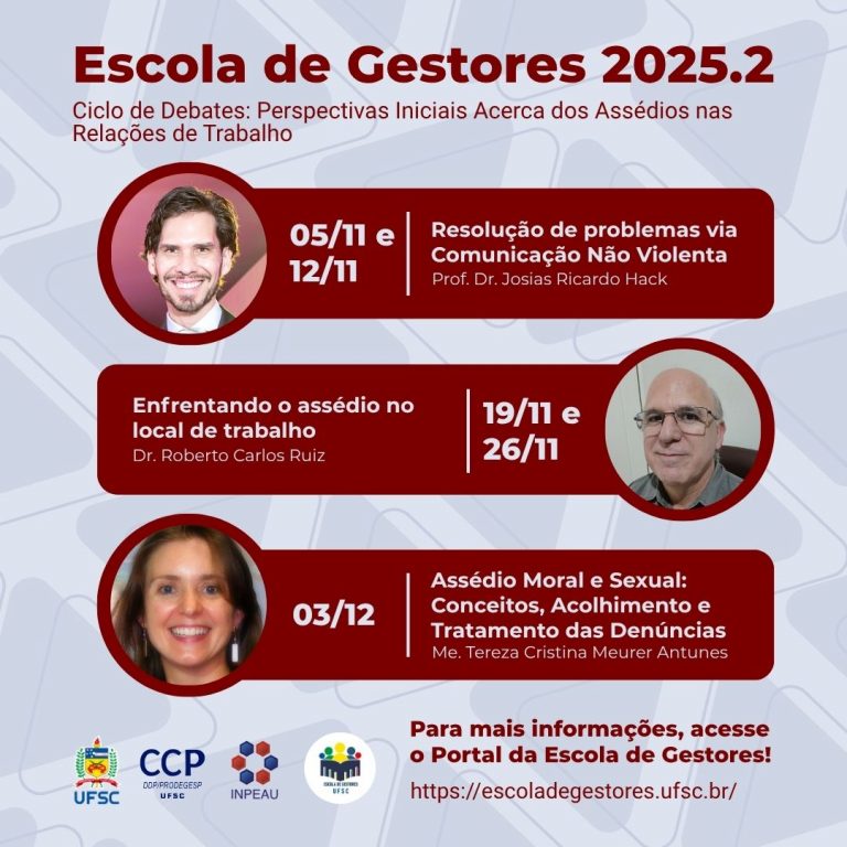 Folder promovendo o evento. Apresenta fotos dos participantes e datas e temas dos módulos. Na parte inferior Logos da UFSC, CCP INPEAU e Escola de Gestores UFSC.